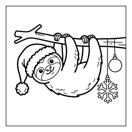 Sloth in a Santa hat hanging from a branch with an ornament and snowflake, coloring page