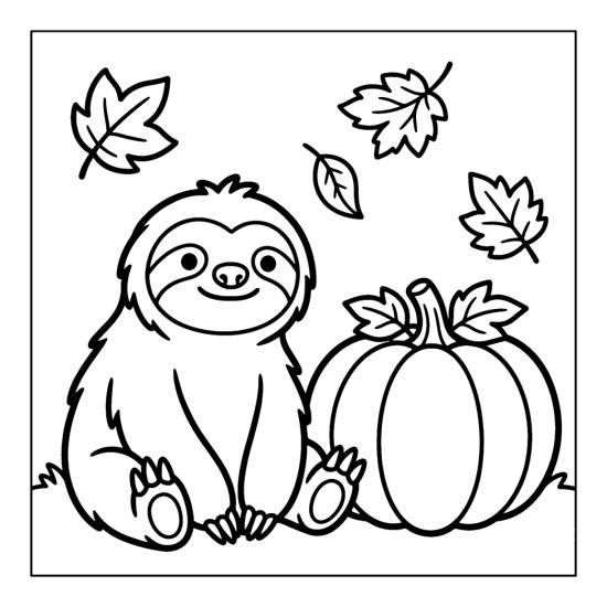 Sloth sitting beside a round pumpkin as autumn leaves fall, coloring sheet