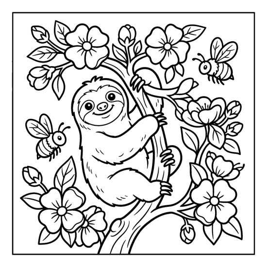 Sloth climbing a branch among spring blossoms with two friendly bees, line art