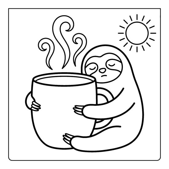 Sloth hugging an oversized steaming coffee mug with a small sun above, coloring page