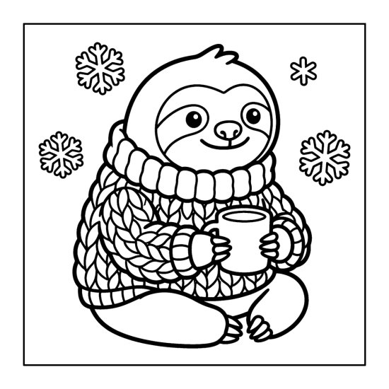 Sloth in a chunky knit sweater holding a warm mug surrounded by snowflakes, coloring sheet