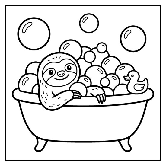 Sloth relaxing in a clawfoot bathtub full of bubbles with a rubber duck, page to color