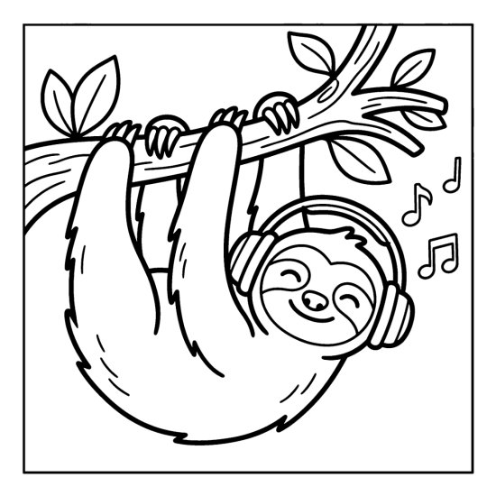 Sloth hanging from a branch wearing headphones with floating music notes, coloring page