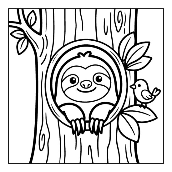 Sloth peeking out of a round tree hollow beside a small bird, line art