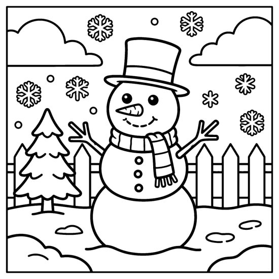 A cheerful snowman in a top hat and scarf in a fenced yard with a pine and snowflakes, coloring page