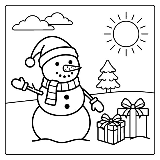 A snowman in a santa hat and mittens beside two wrapped gift boxes and a pine, bold and easy