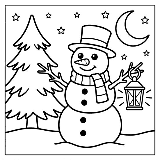 A snowman holding a glowing lantern under a crescent moon beside a pine at night, coloring sheet