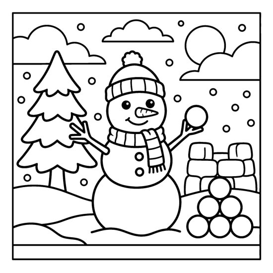 A snowman in a hat and scarf beside a snow fort of stacked snowballs and a pine, bold and easy