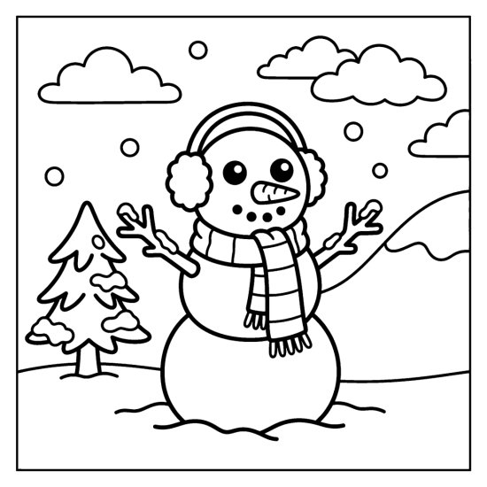 A snowman wearing earmuffs and a scarf in a snowy field with a pine and hill, bold and easy