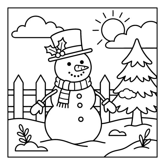 A snowman with a holly trimmed top hat beside a fence and a pine in the snow, coloring page