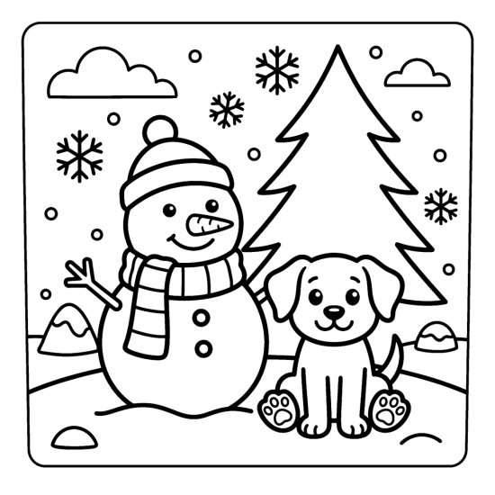 A snowman in a scarf beside a cute sitting dog with a pine and falling snow, bold and easy