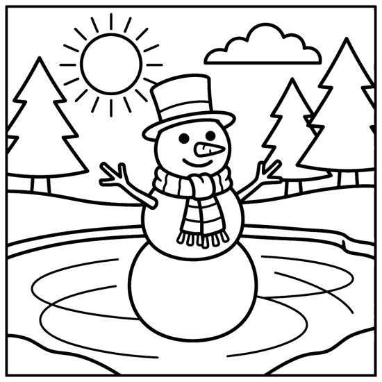 A snowman on a frozen pond with skate shapes, two pines and a bright sun, bold and easy