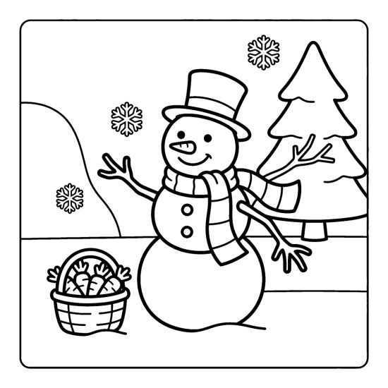 A snowman beside a basket of carrots with a pine and a snowdrift, coloring sheet