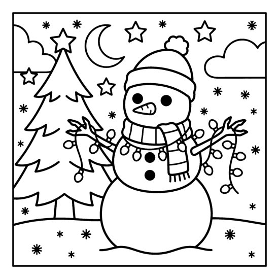 A snowman draped with round string lights under a crescent moon beside a pine, bold and easy