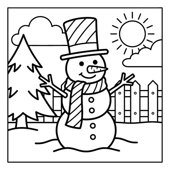 A snowman with a very tall striped top hat in a snowy yard with a fence and sun, bold and easy