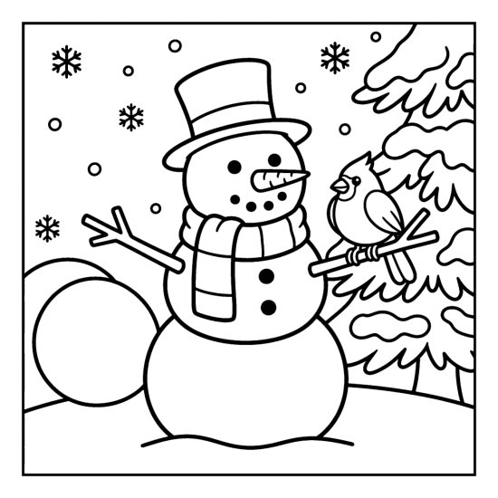 A snowman with a cardinal perched on its stick arm beside a snowball and snowflakes, bold and easy