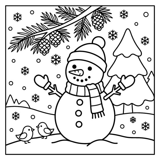 A snowman with two small birds at its base and a snowy pine branch above, coloring page