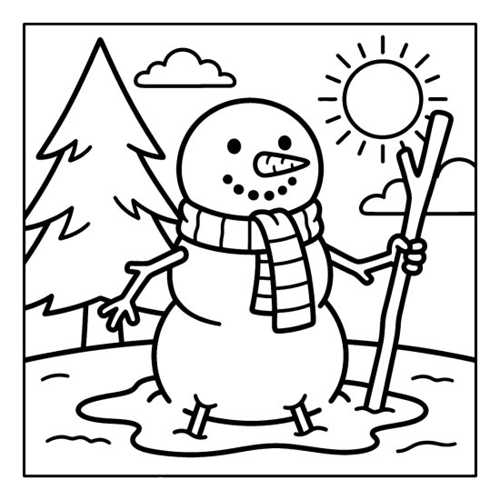 A cheerful slightly melting snowman with a scarf beside a small puddle, pine and sun, bold and easy