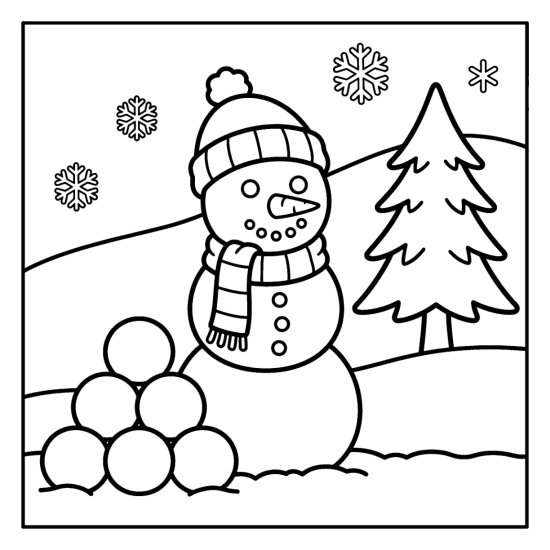 A snowman in a hat beside a pyramid of round snowballs with a pine and snowflakes, bold and easy