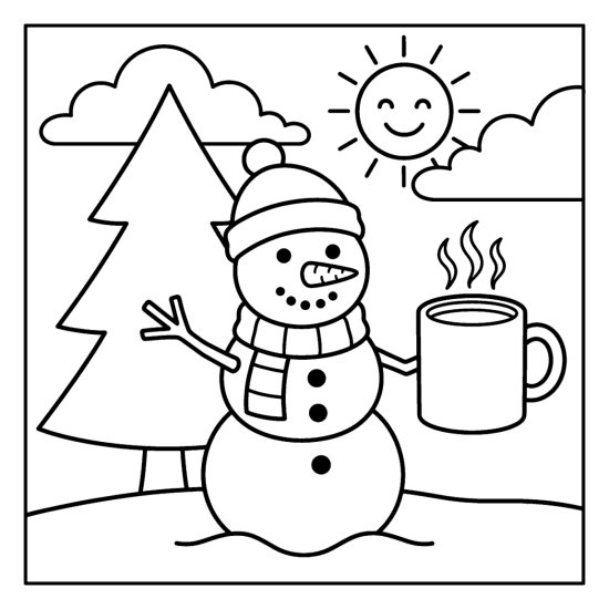 A snowman holding a steaming mug of cocoa beside a pine and a bright sun, coloring sheet