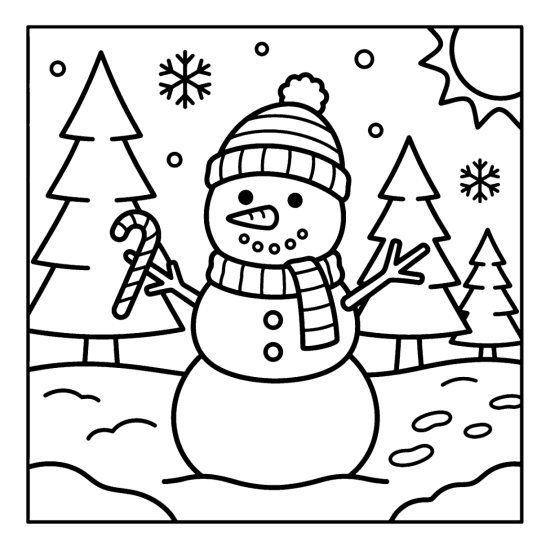 A snowman in a scarf standing in a snowy forest clearing with three pine trees, bold and easy