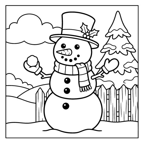 A large friendly snowman with a big carrot nose and coal buttons by a fence and pine, bold and easy
