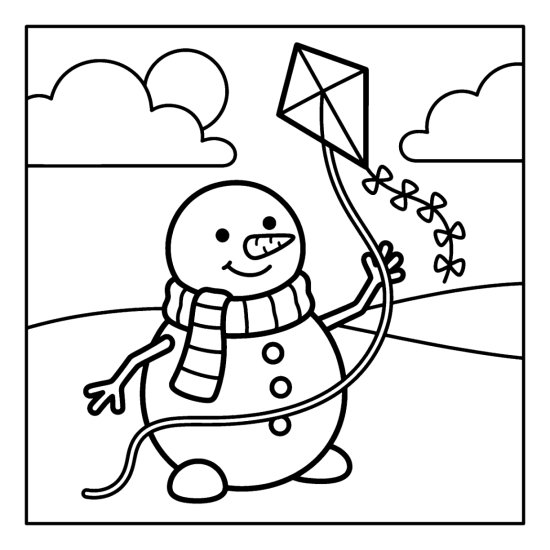 A snowman holding a kite string as a diamond kite floats above snowy hills and clouds, coloring page