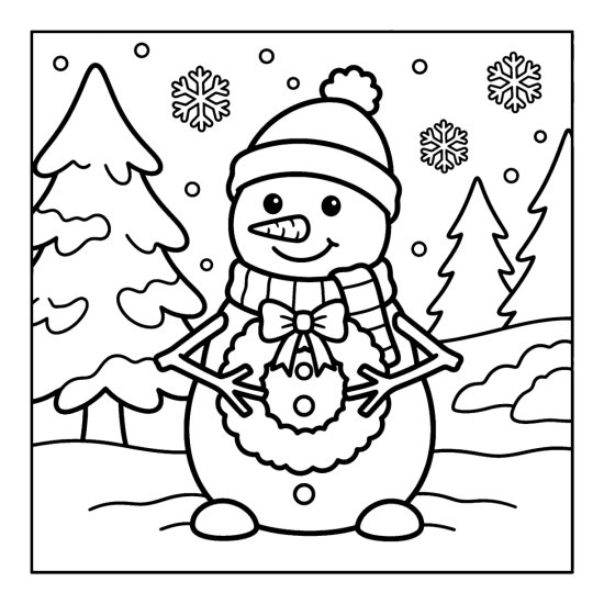 A snowman holding a round wreath with a bow beside a pine and falling snowflakes, bold and easy