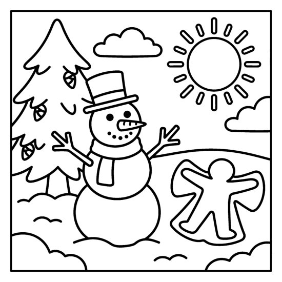 A snowman beside a simple snow angel shape with a pine and a bright sun, bold and easy