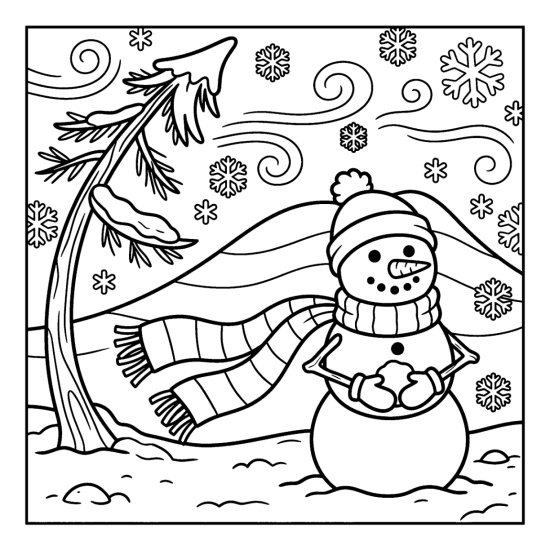 A snowman with a long trailing scarf blowing in the wind by a bent pine and swirling snow, coloring sheet