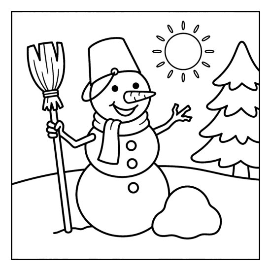 A snowman holding a broom with a bucket hat and scarf beside a snowball and pine, bold and easy