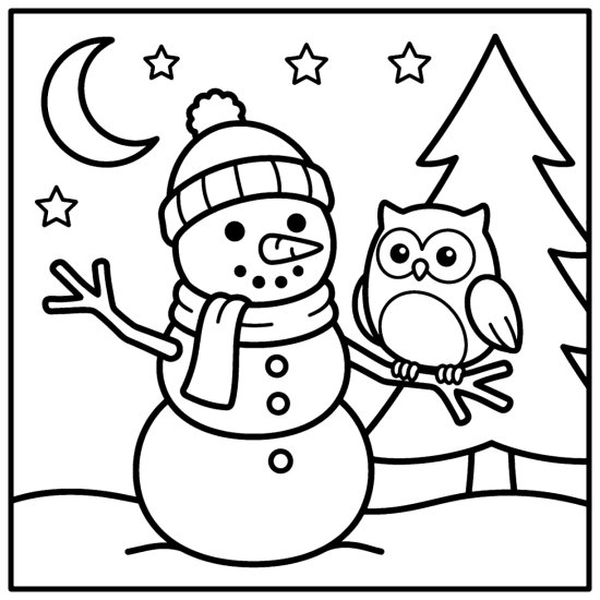 A snowman with an owl perched on its arm under a crescent moon and stars, bold and easy