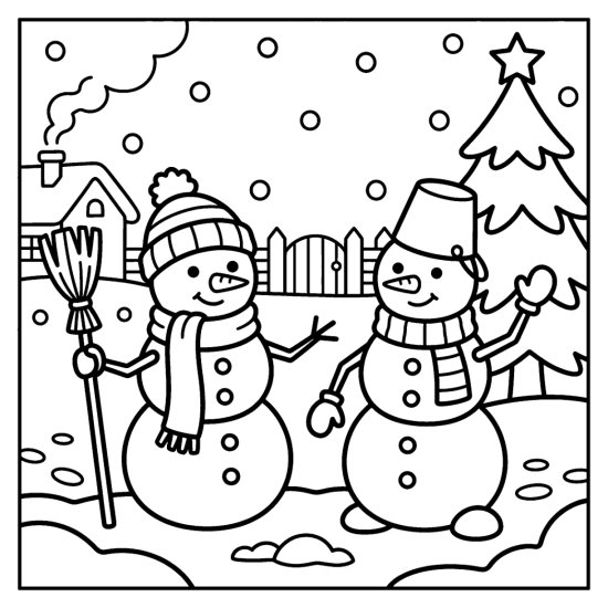 Two snowmen side by side with scarves and hats, one with a broom, by a fence and pine, bold and easy