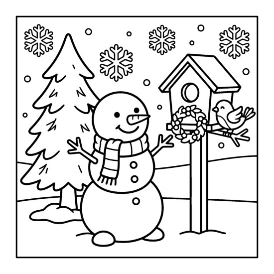 A snowman beside a small bird house on a post with a wreath and a perched bird, coloring page