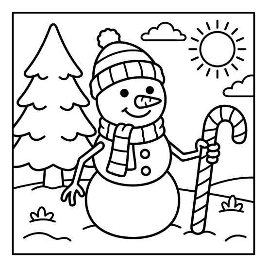A snowman holding a large candy cane with a hat and scarf beside a pine and sun, bold and easy