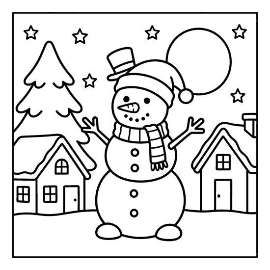 A snowman in a santa hat in a snowy village with two houses under a moon and stars, bold and easy