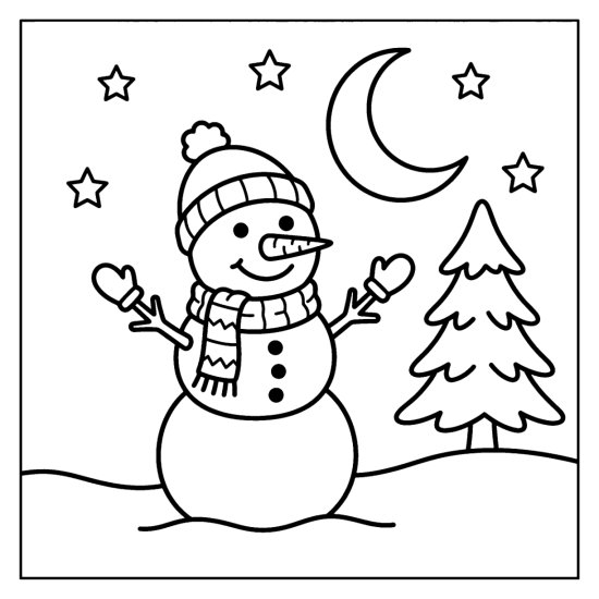 A snowman with mittens and a hat under a crescent moon and stars beside a pine, coloring sheet