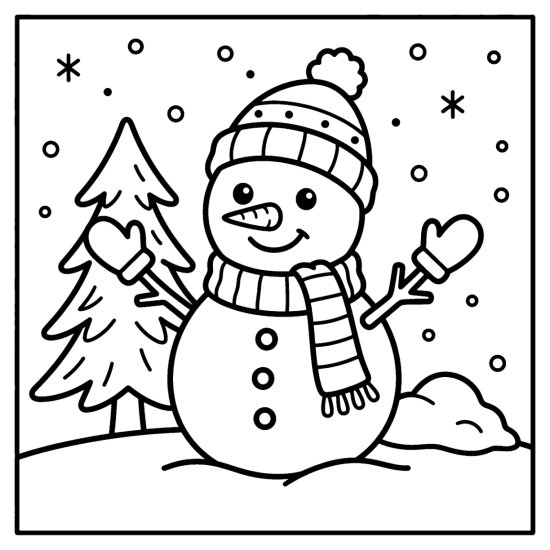 A snowman in a knitted hat and mittens with a long scarf beside a snowdrift and pine, bold and easy