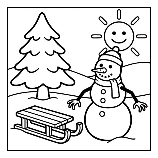 A snowman standing beside a small wooden sled with a pine and a bright sun, bold and easy