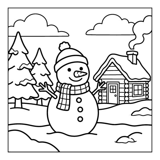 A snowman in a scarf and hat in front of a snowy cabin with smoking chimney and pines, coloring page
