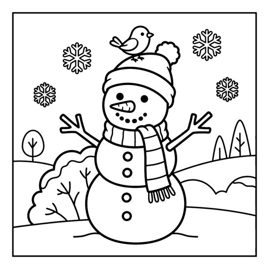 A snowman with a small bird on its hat beside a snowy bush and falling snowflakes, bold and easy