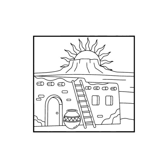 Adobe pueblo house with a leaning kiva ladder and a clay pot below a rising sun, coloring page