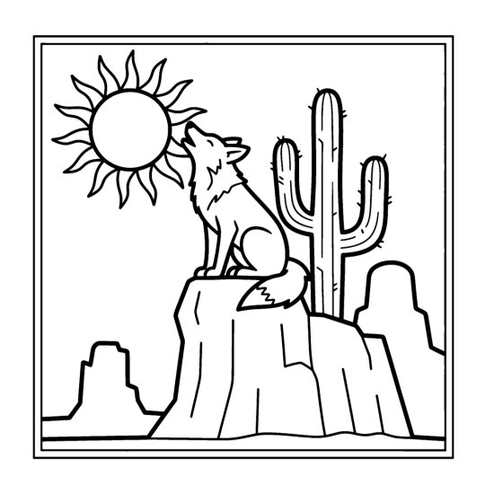 Coyote howling on a rock butte beside a saguaro under the sun, bold and easy