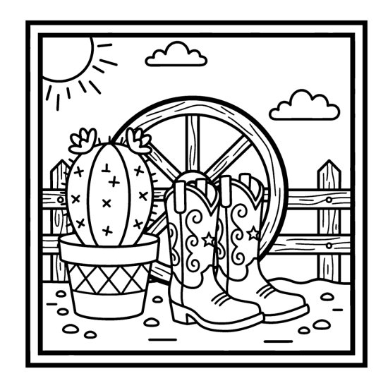 Pair of cowboy boots by a potted cactus and a wagon wheel at a ranch fence, coloring page