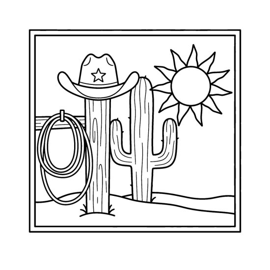Cowboy hat on a fence post with a coiled rope and a cactus in the sun, coloring sheet