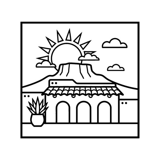 Southwestern hacienda with arched doorways and a tile roof below a mesa and sun, bold and easy