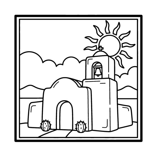 Adobe mission church with a bell tower and cross beside two cacti and the sun, coloring page