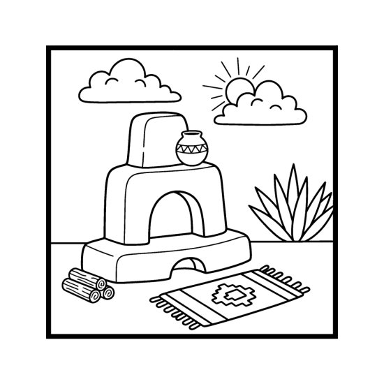 Rounded adobe kiva fireplace with a clay pot, logs, and a woven rug outdoors, coloring sheet