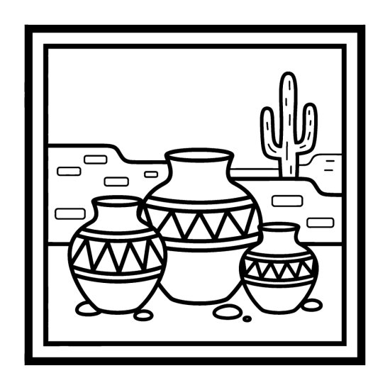 Three clay ollas with zigzag bands grouped by an adobe wall and cactus, bold and easy