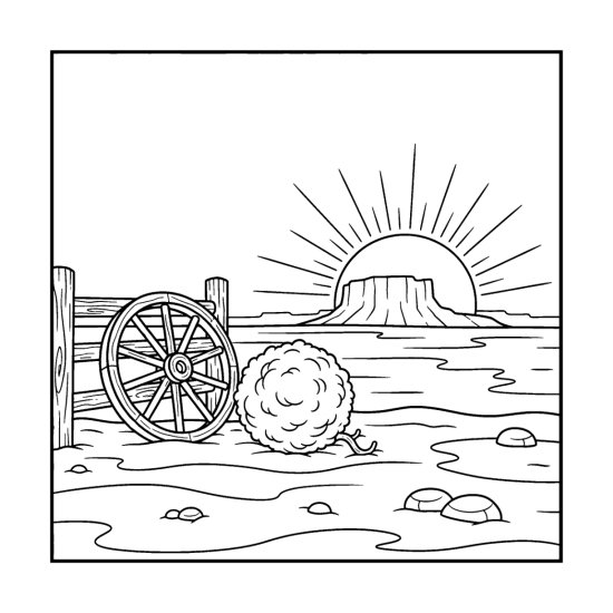 Old wagon wheel and tumbleweed by a fence with a mesa and setting sun, coloring page
